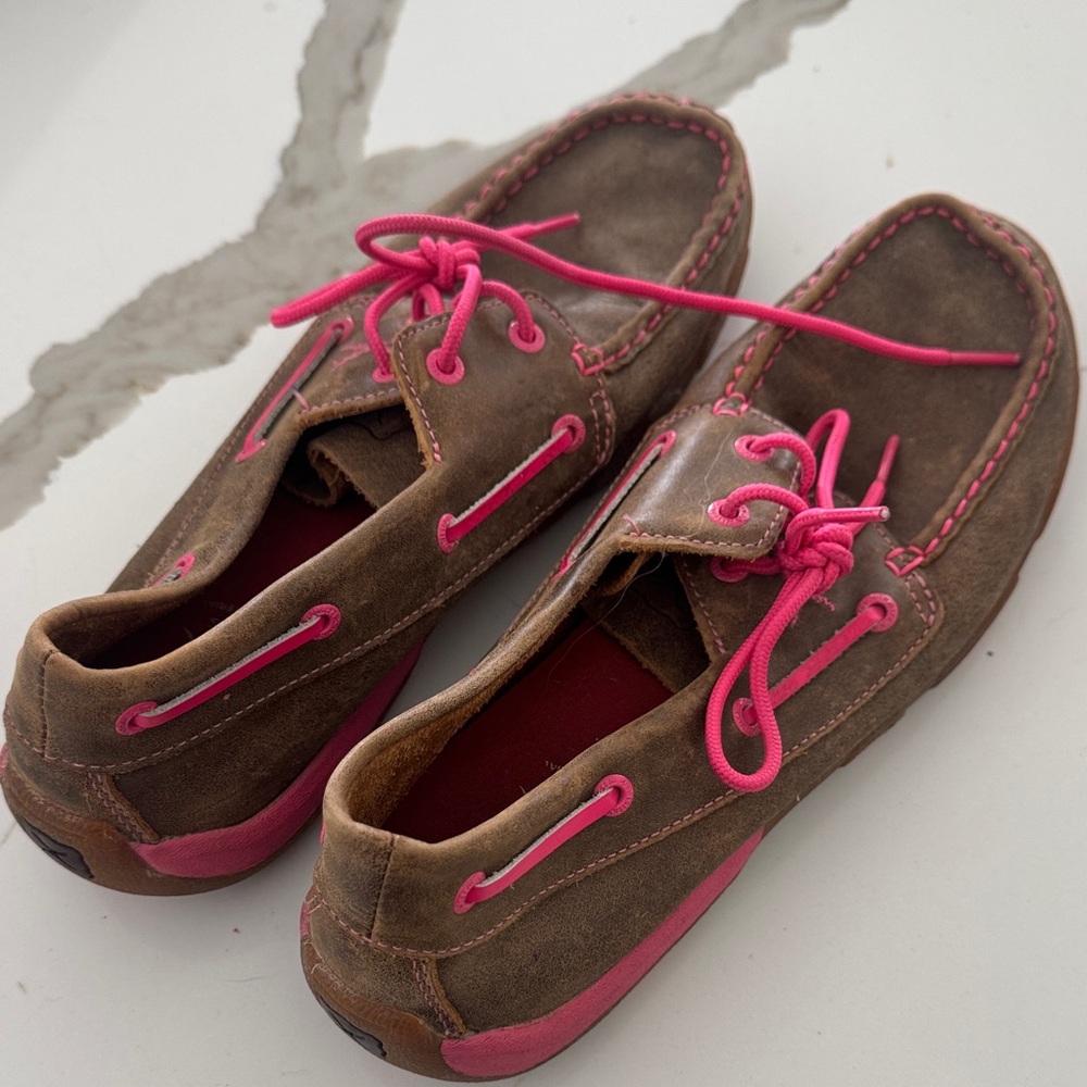 Women’s Brown Suede Boat Shoes with Pink Accents